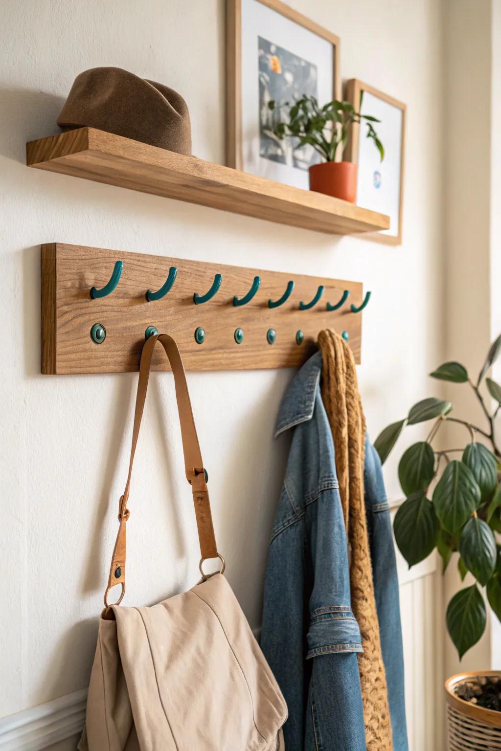 Upcycled tool-handle hooks on oak—workshop vibe meets Scandinavian minimal style.