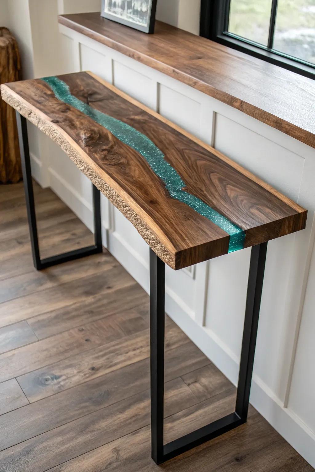 Live-edge walnut + teal resin back bar—an artful statement surface for coffee and cocktails.