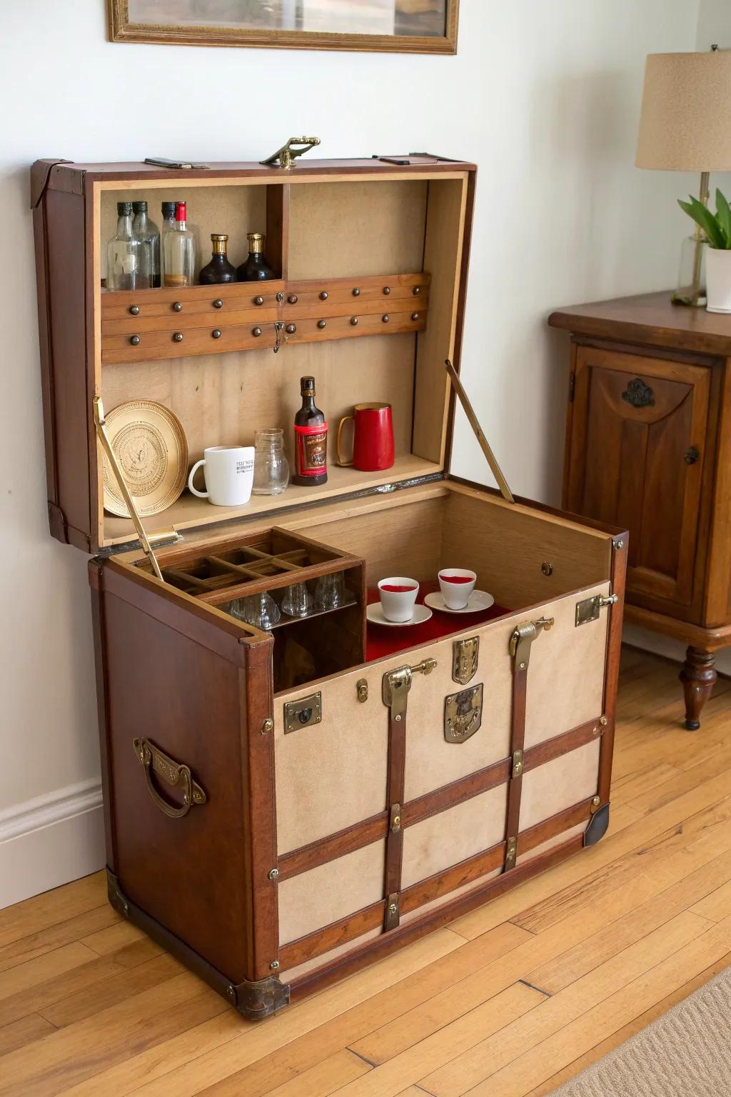 A suitcase trunk that opens into a chic coffee + liquor bar—crafty, compact, and décor-ready.