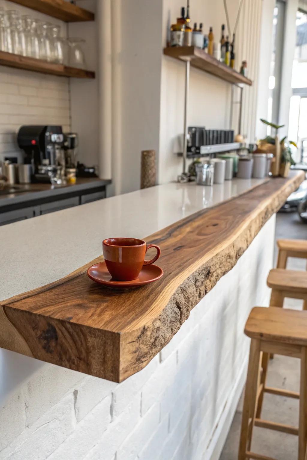 Live-edge walnut customer ledge—natural grain meets clean bar lines for instant wow.