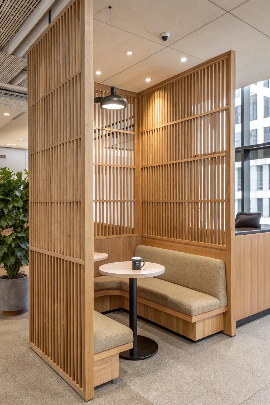 Semi-private oak acoustic booth with lattice screen—calm, cozy seating for calls or studying.
