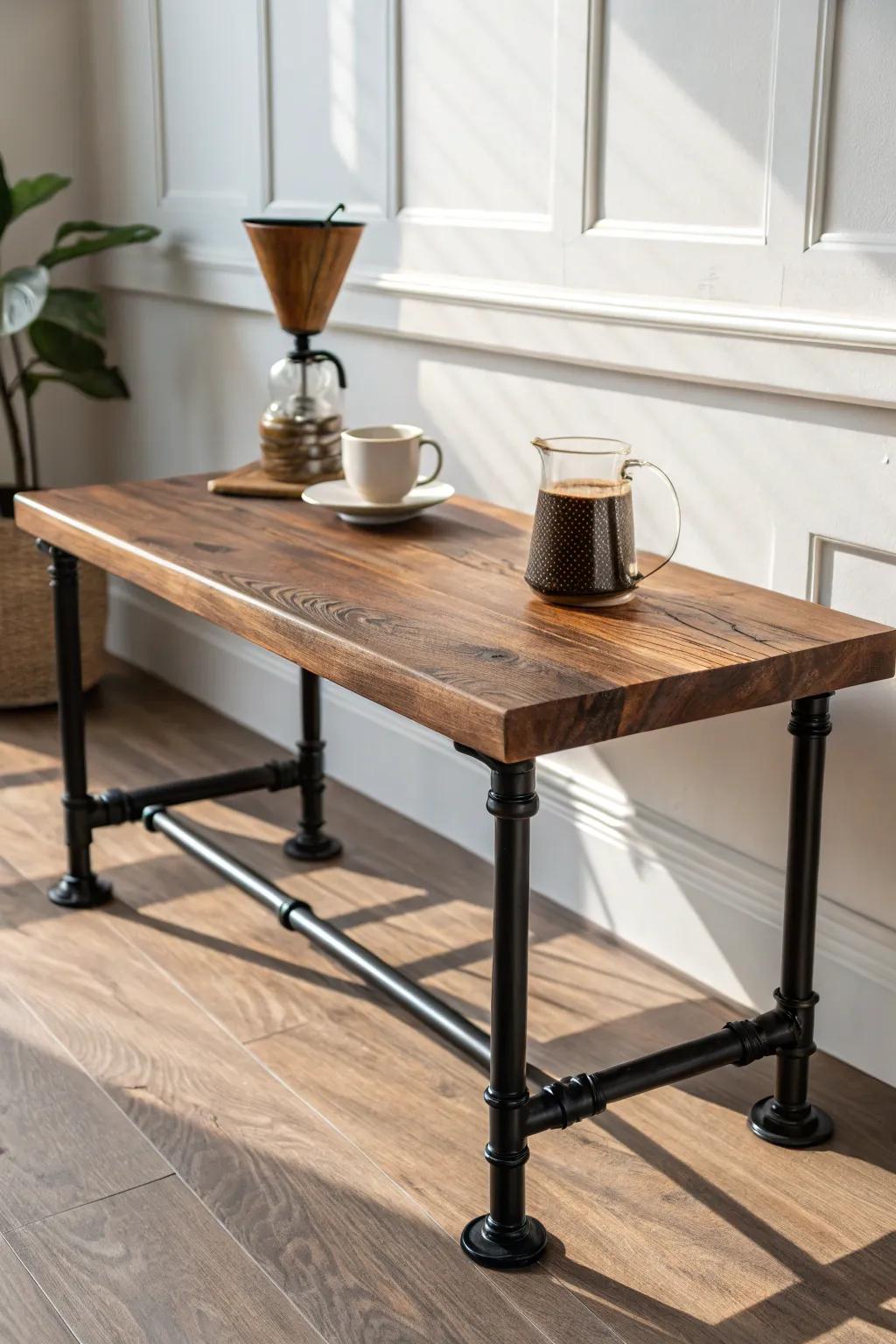 Warm walnut top + matte black pipe legs—an industrial coffee station table with cozy edge.