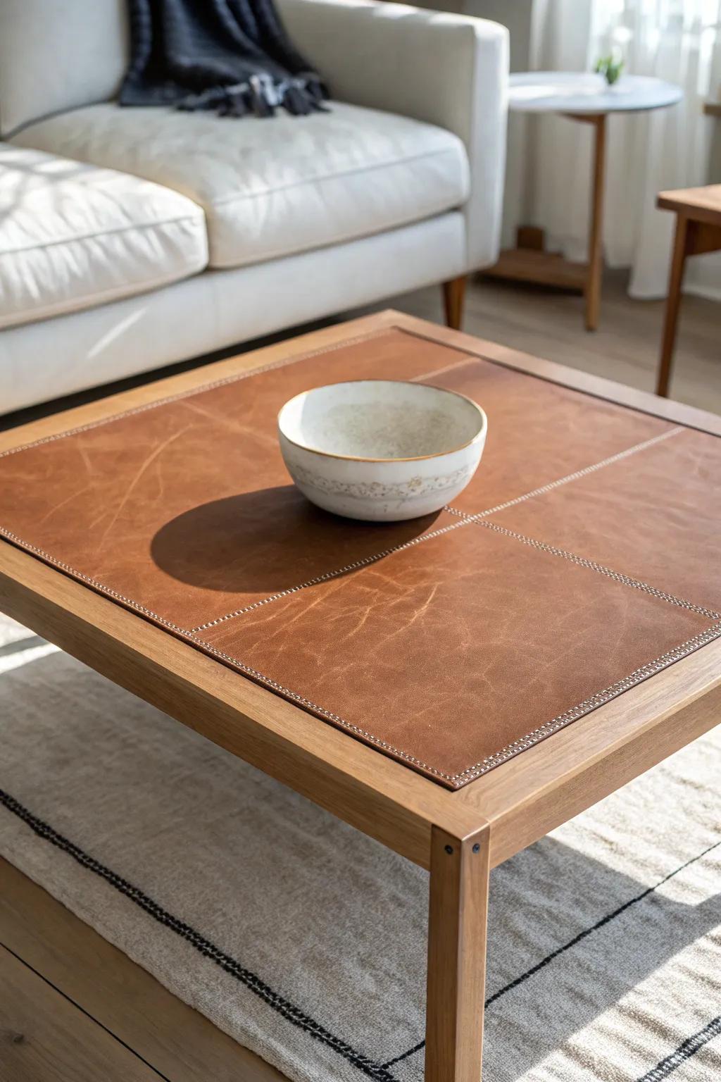 Cognac leather-look mat: a sleek, scratch-safe cover that instantly elevates your coffee table.