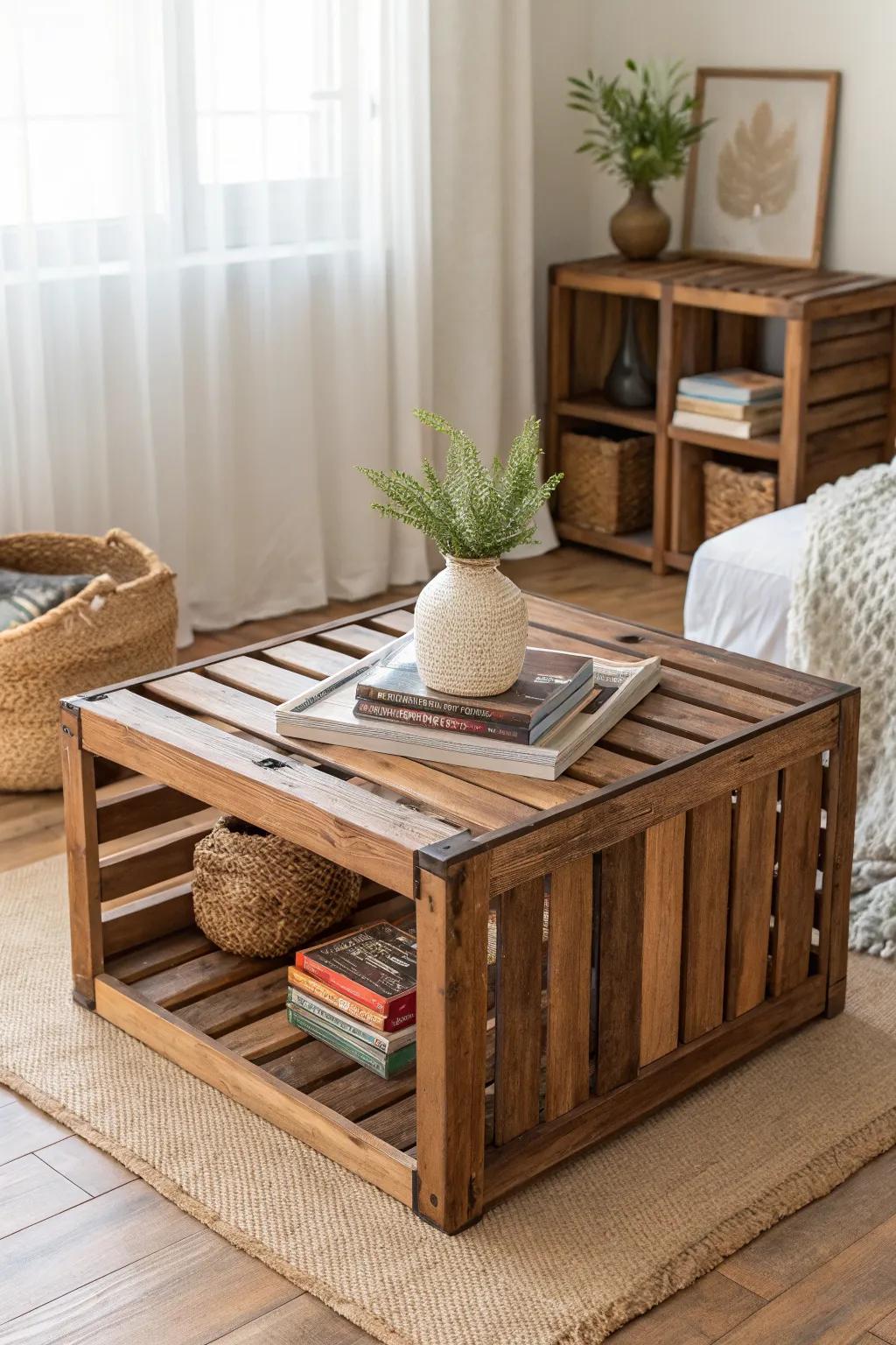 DIY crate coffee table adds rustic warmth and handy cubbies to a calm, boho bedroom.