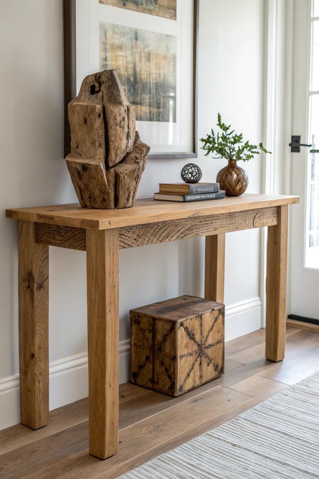 A salvaged scrap-wood sculpture turns a simple console table into a bold conversation piece.