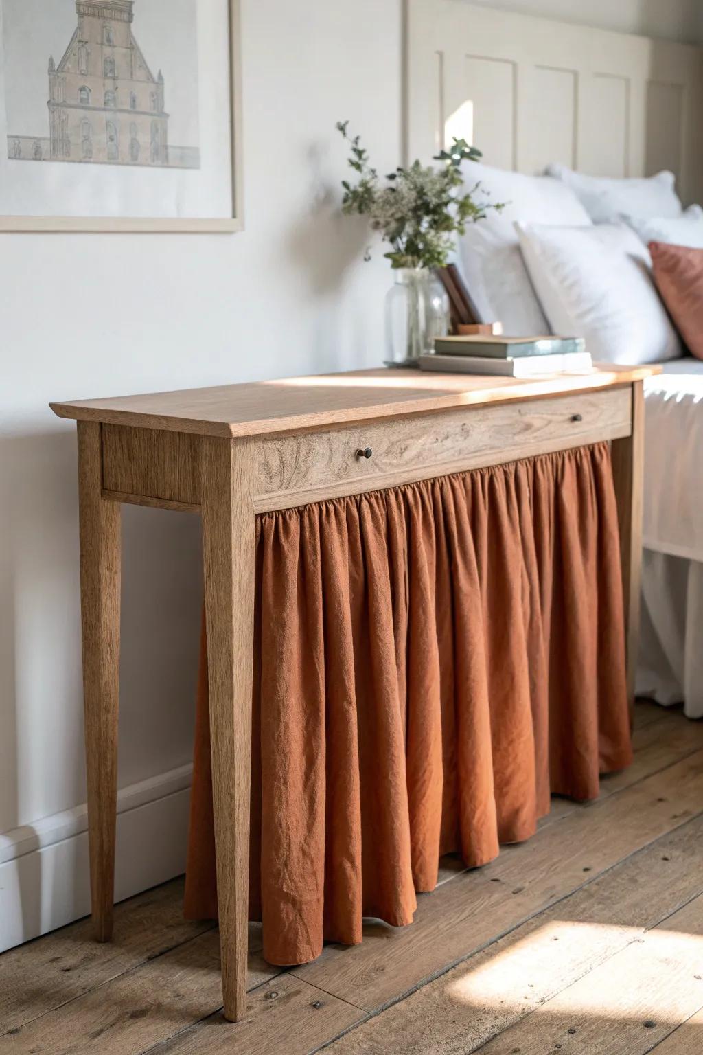 A skirted bedroom console adds boutique-hotel softness while hiding storage in style.