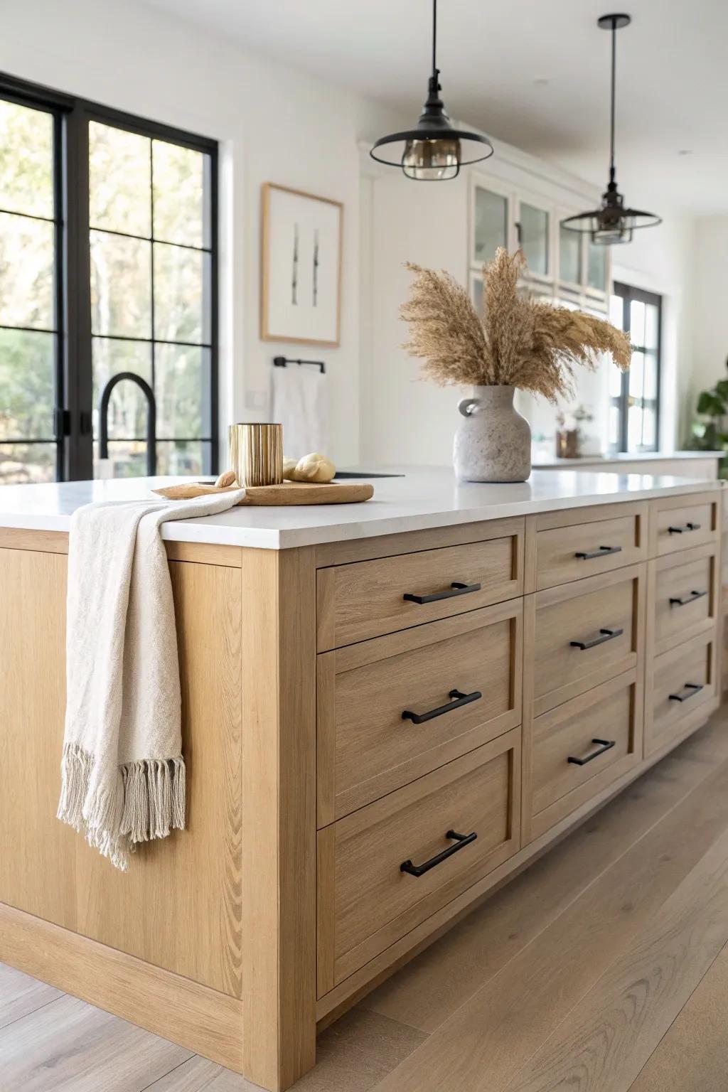 Mixed island hardware adds bold contrast—matte black pulls make the oak island the star.
