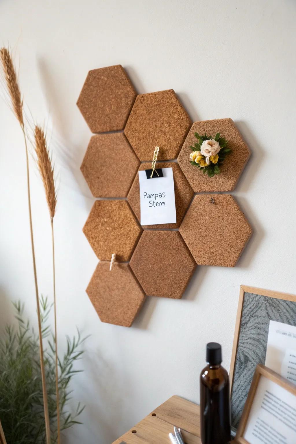 Hexagon cork wall cluster: minimalist honeycomb texture with a bold terracotta shadow.