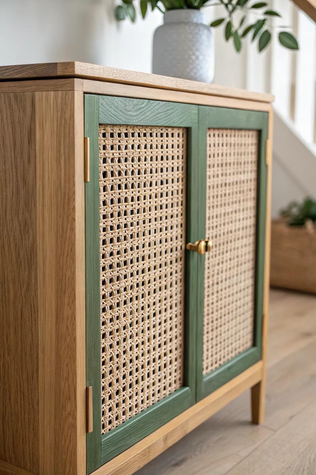 Cane webbing corner door panel—warm, airy texture that makes the corner cabinet the star.