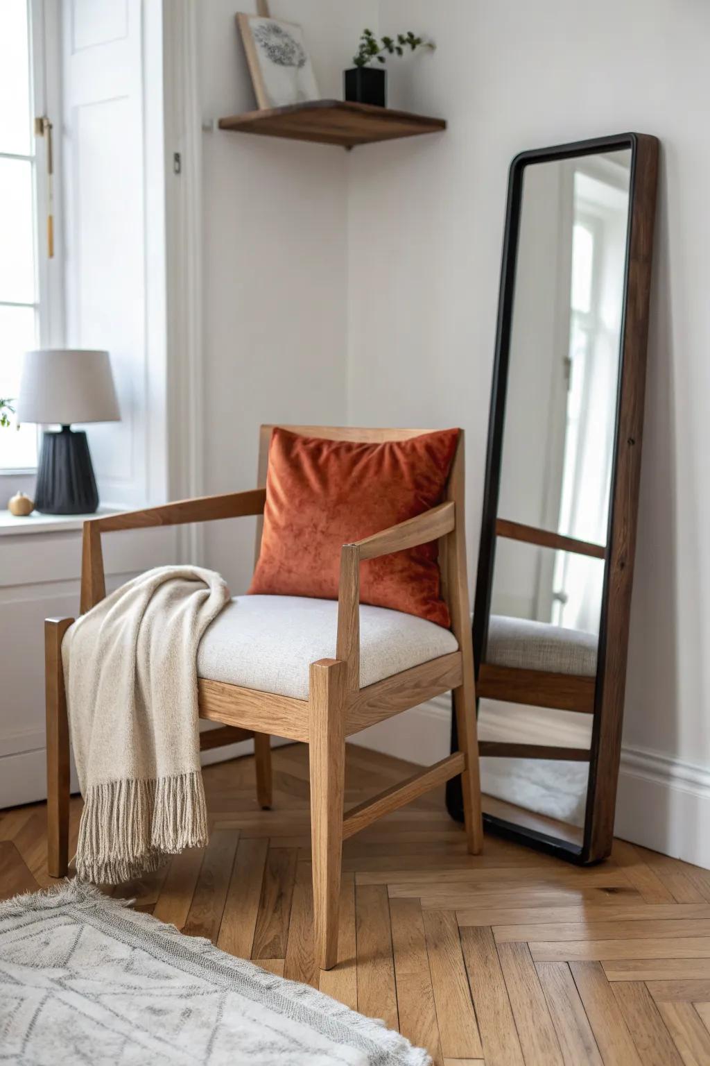 A cozy bedroom corner chair paired with a leaning mirror for light, height, and calm style.