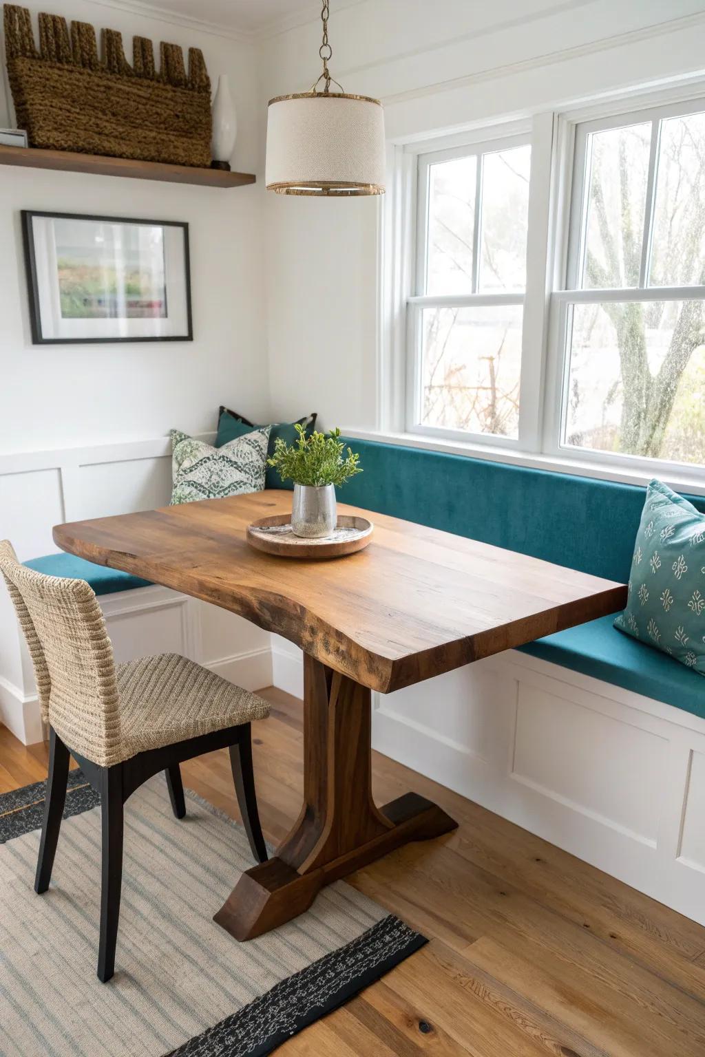 Live-edge slab warmth meets clean corner lines—an instant wow breakfast nook centerpiece.