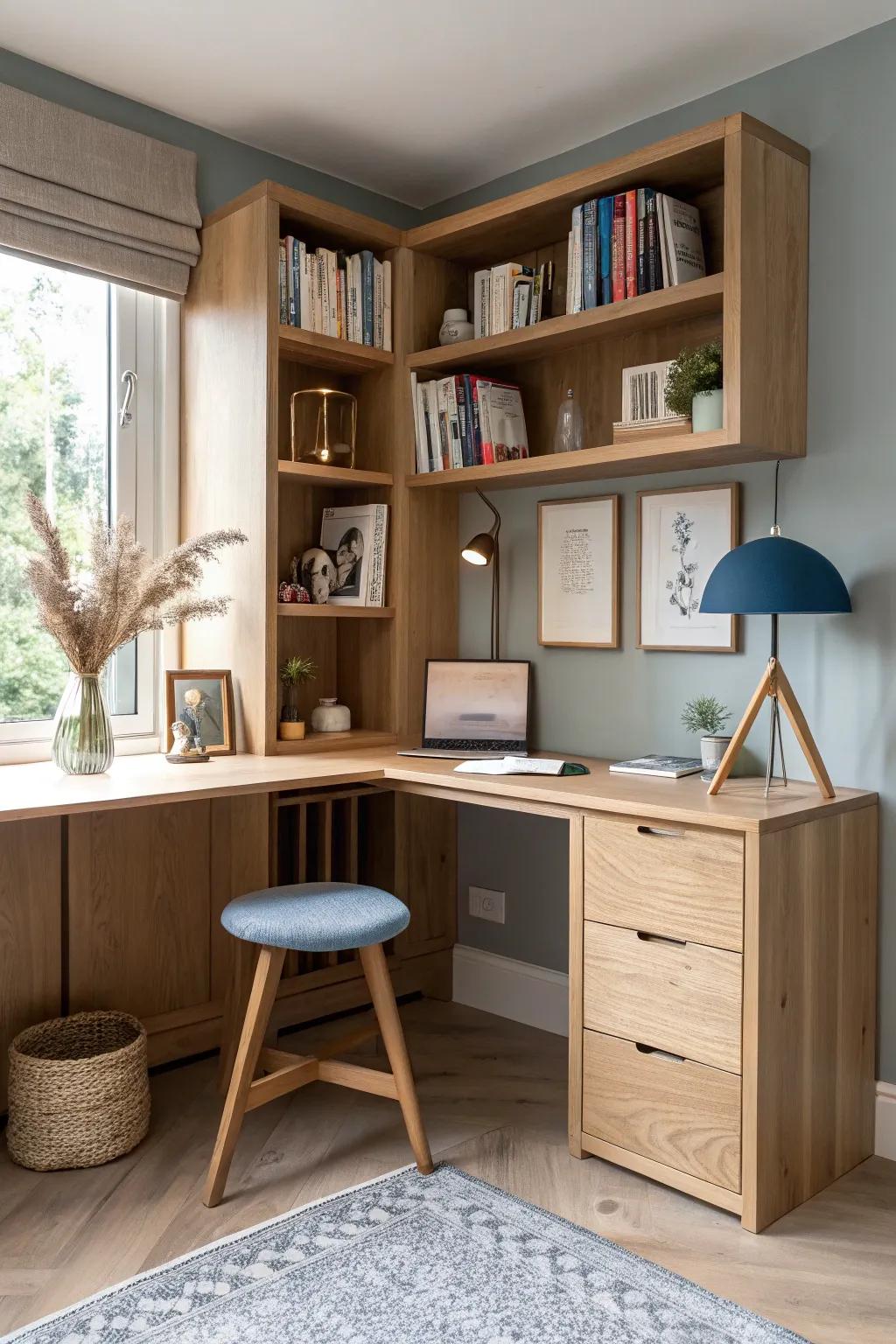 Cozy corner library with a built-in desk—Scandi oak, boho touches, and bold color pops.