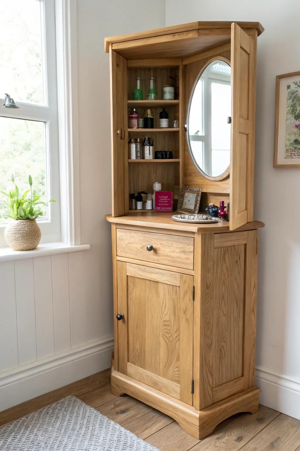Upcycled corner cabinet vanity nook—hidden shelves, warm wood grain, and a mirror surprise.