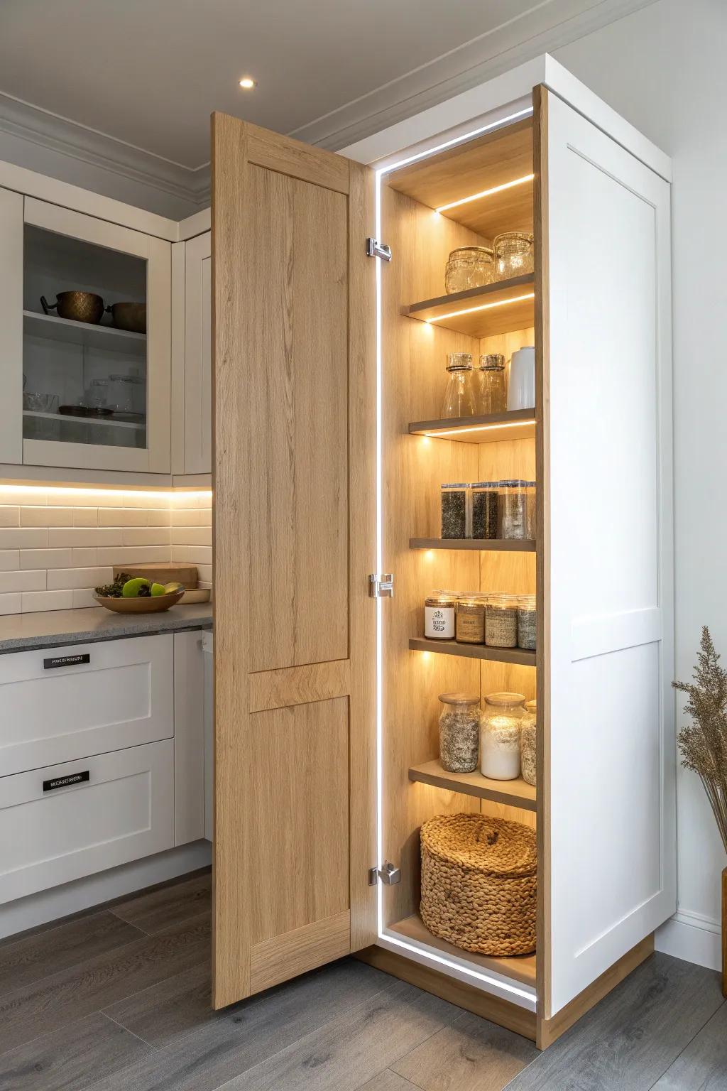 Warm motion-sensor LEDs turn a dark corner pantry into a clean, luxe storage moment.