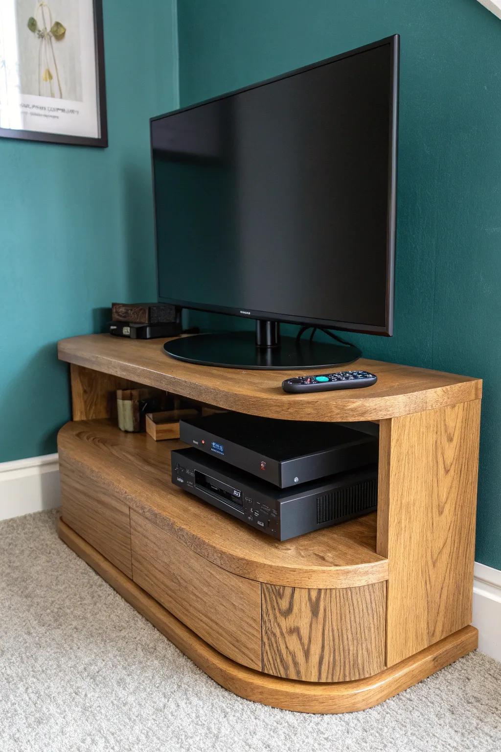 Swiveling corner TV shelf platform—chunky wood + hidden pivot for effortless angle changes.