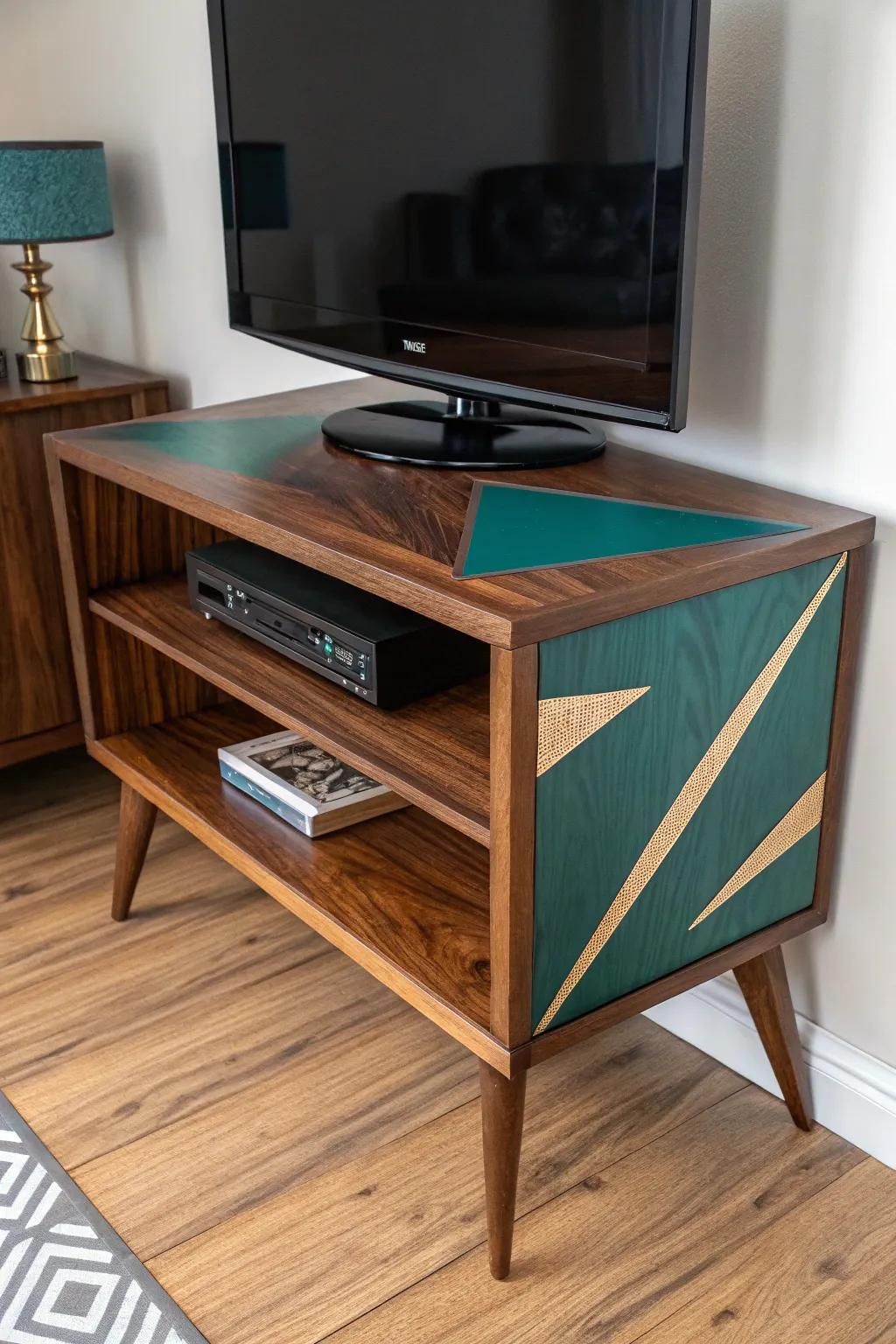 Geometric corner TV stand with a lightning-bolt resin inlay—minimal, bold, and handcrafted.