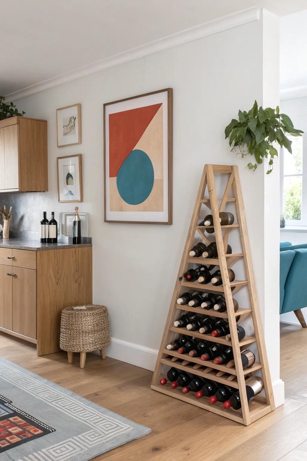 A hinged art panel hides a sleek corner wine rack—minimalist, boho, and beautifully surprising.