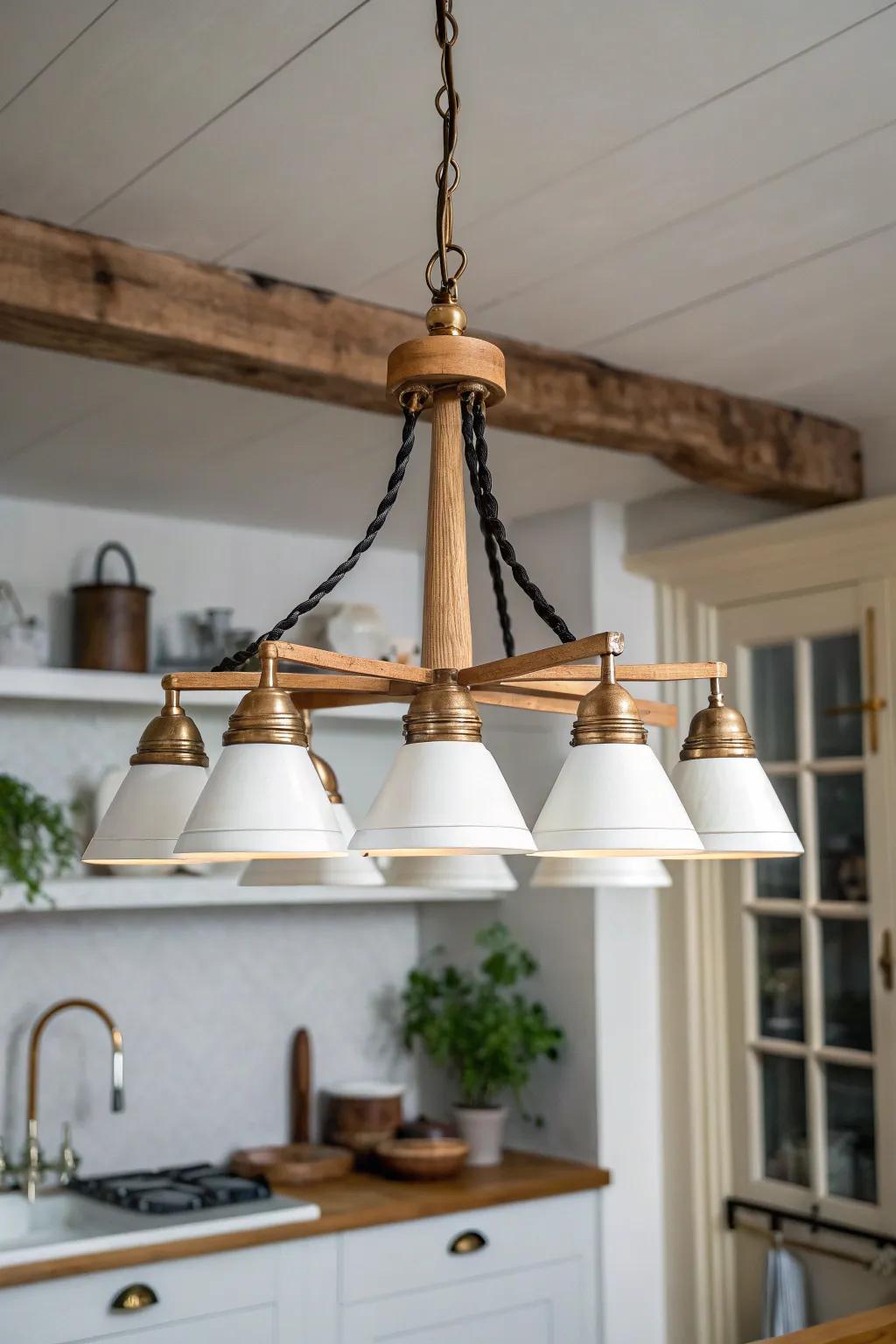 Collected-over-time charm: a vintage enamel shade chandelier with warm oak craftsmanship.