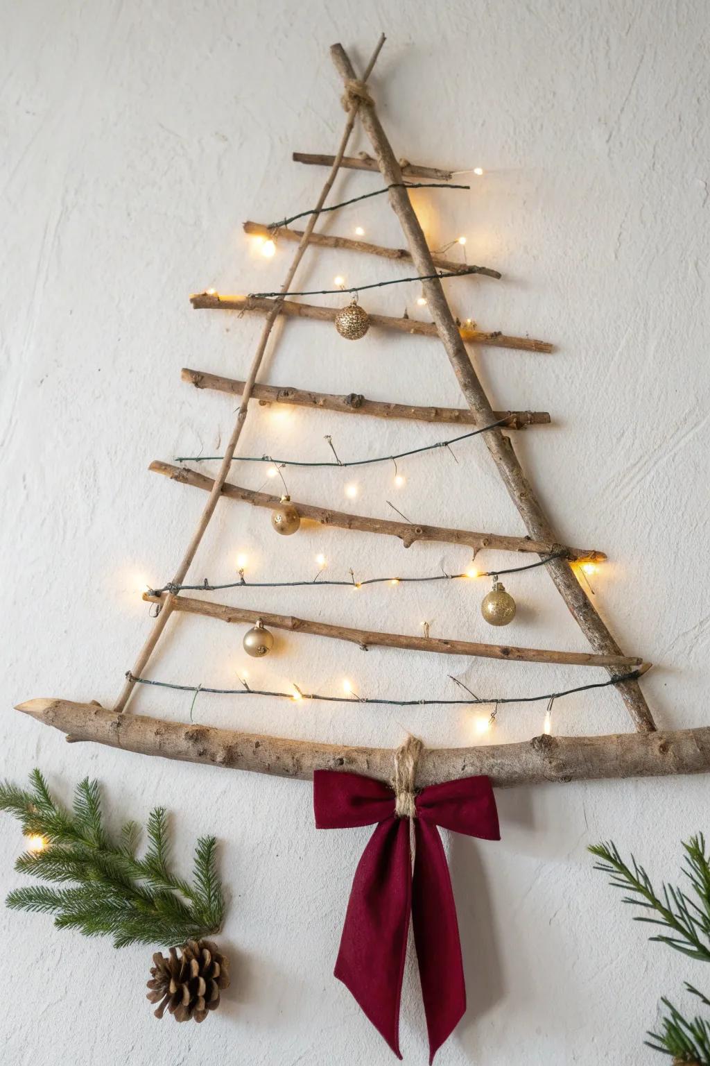 Rustic branch wall tree with warm lights and a bold velvet bow—simple, cozy cottage magic.