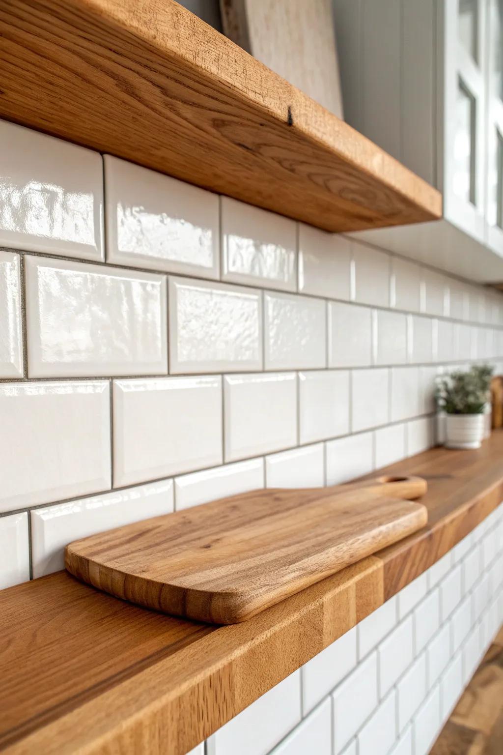 A slim wood ledge over tile—perfect for styling one gorgeous cutting board with cottage charm.