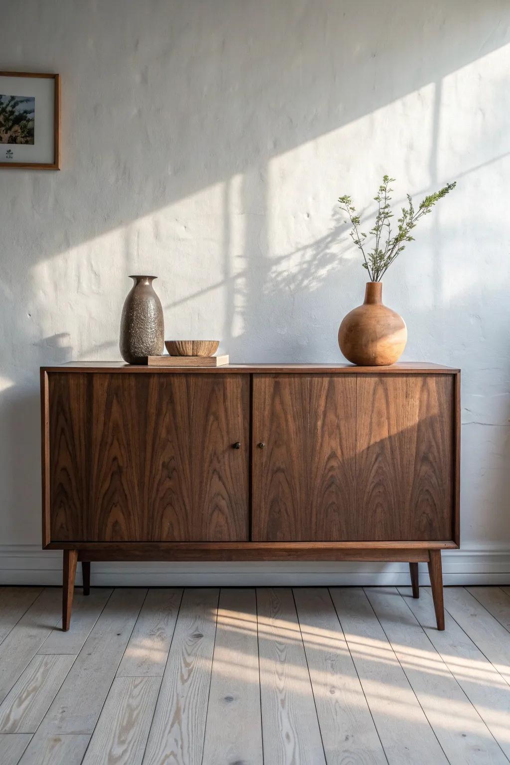 Dark-stained cottage sideboard adds cozy depth—rich grain, light walls, soft boho styling.