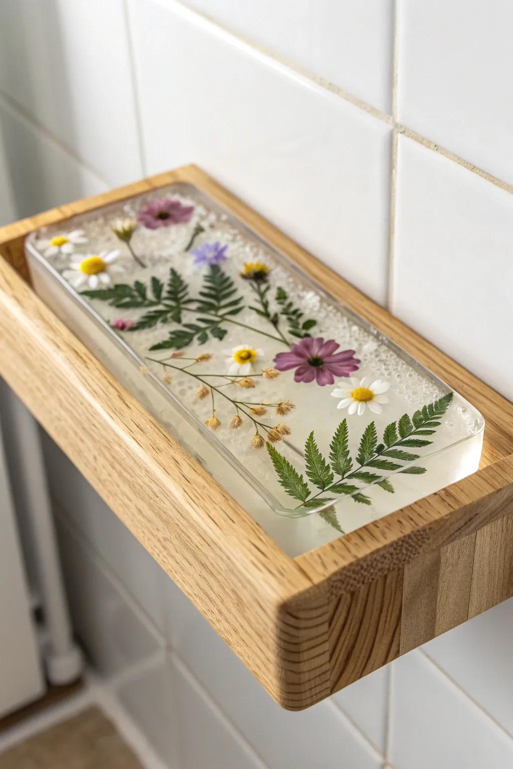 A tiny botanical museum: pressed wildflowers sealed under a waterproof wood shelf top