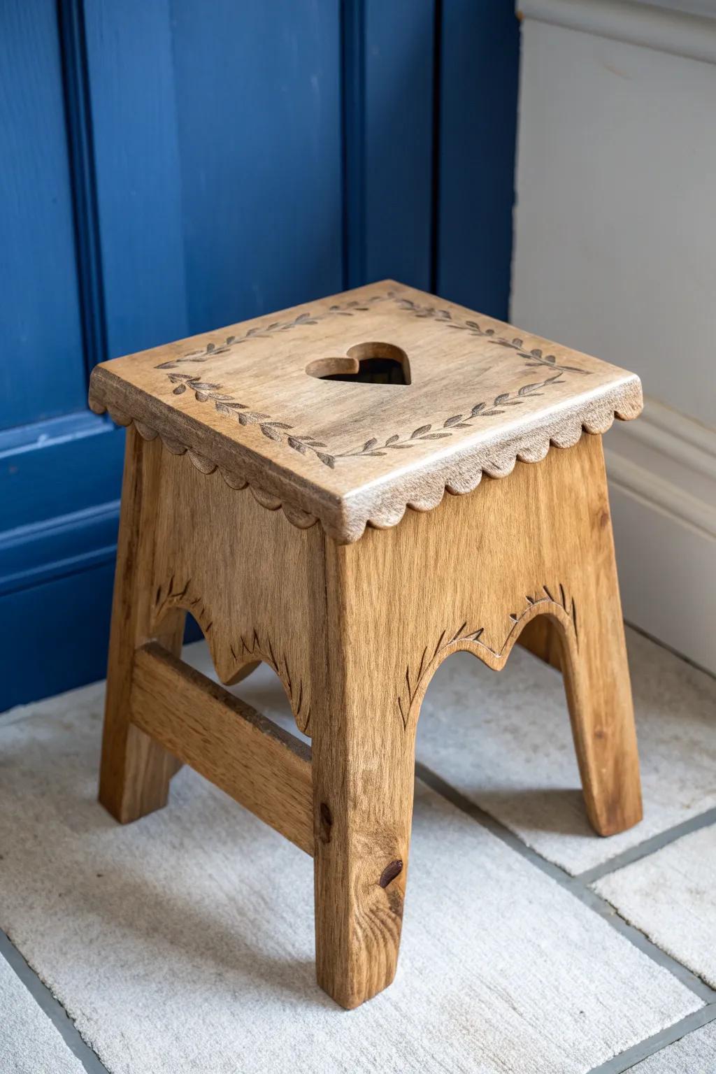 A tiny folk-carved stool with a heart cutout—simple, sweet, and cottagecore-perfect.