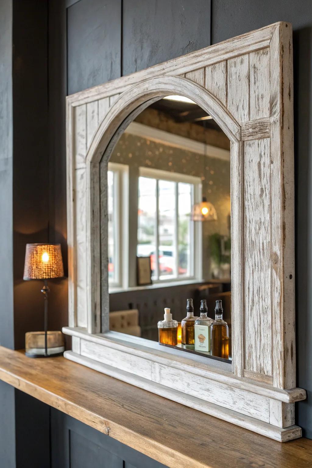 Saloon-style mirror magic: rustic wood frame, bold contrast, and twice the sparkle behind your bar.