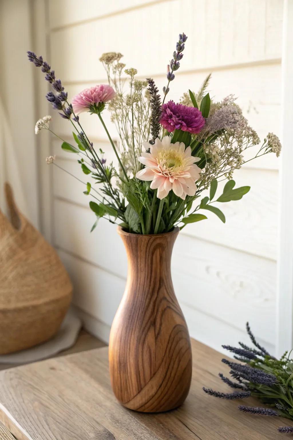 Fresh blooms + dried lavender in a hand-turned wood vase—minimal cottage charm with bold contrast.