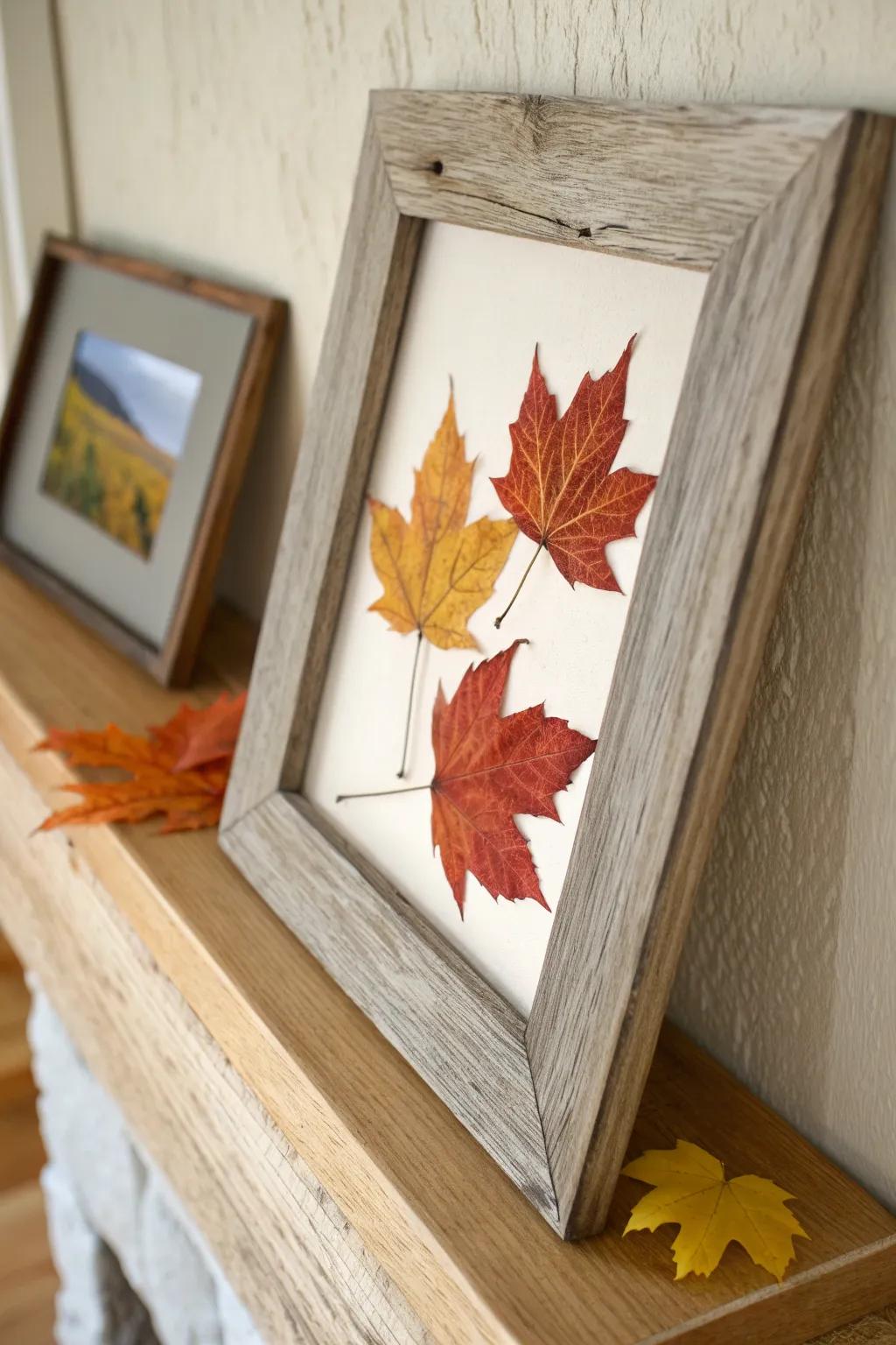 Pressed maple leaves in a rustic barnwood frame—simple country fall art for your mantel.