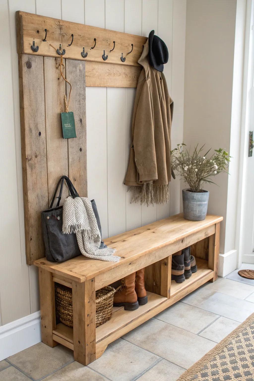 Mudroom-meets-lodge: a salvaged-wood boot bench with bold pegs for country man-cave style.