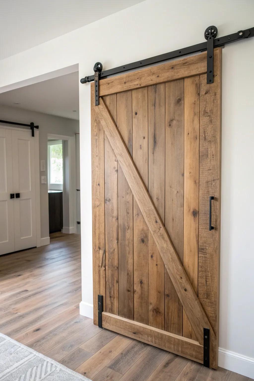 A sliding fence-gate divider adds rustic charm and creates a cozy room within a room.