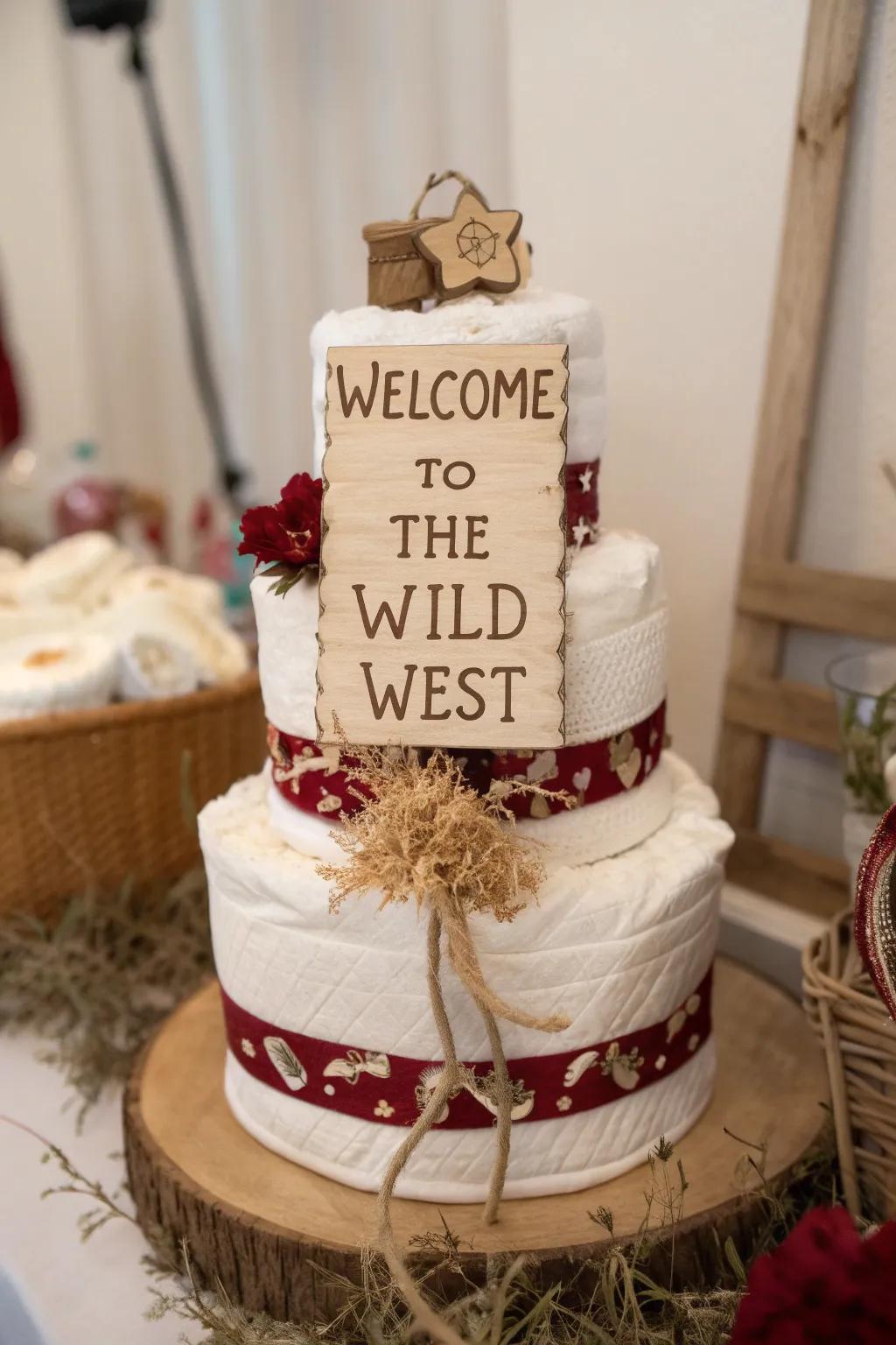 Embrace the charm of the Wild West with this stunning cowboy diaper cake, where minimalist elegance meets a touch of rustic flair.