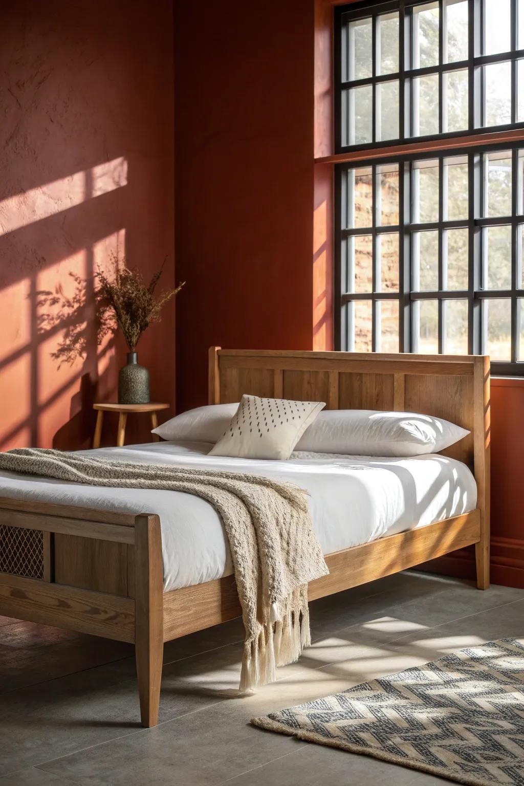 Deep, earthy wall color + a handcrafted oak bed frame = the ultimate cozy, cocooned nest.