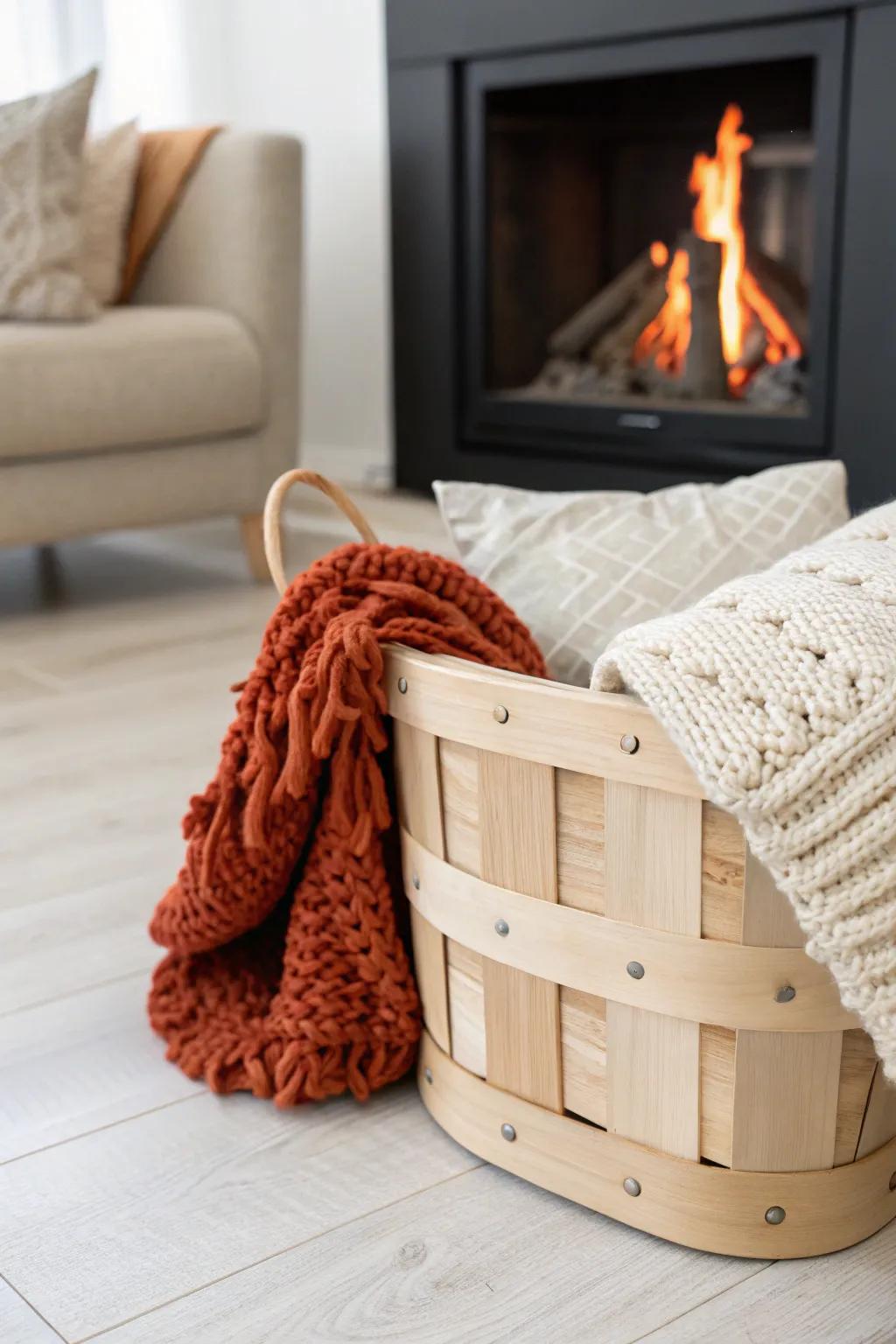 A handcrafted wooden basket of chunky knits by the hearth—cozy comfort within reach.