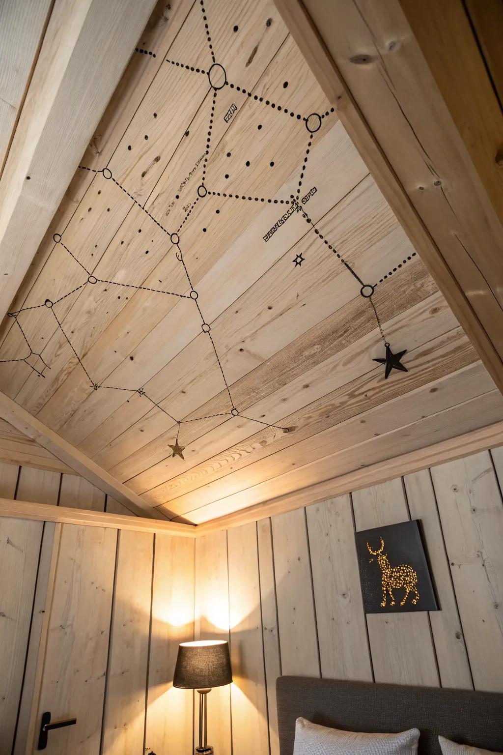 Hand-burned starry constellations on ceiling planks—tiny details that make a bedroom feel magical.