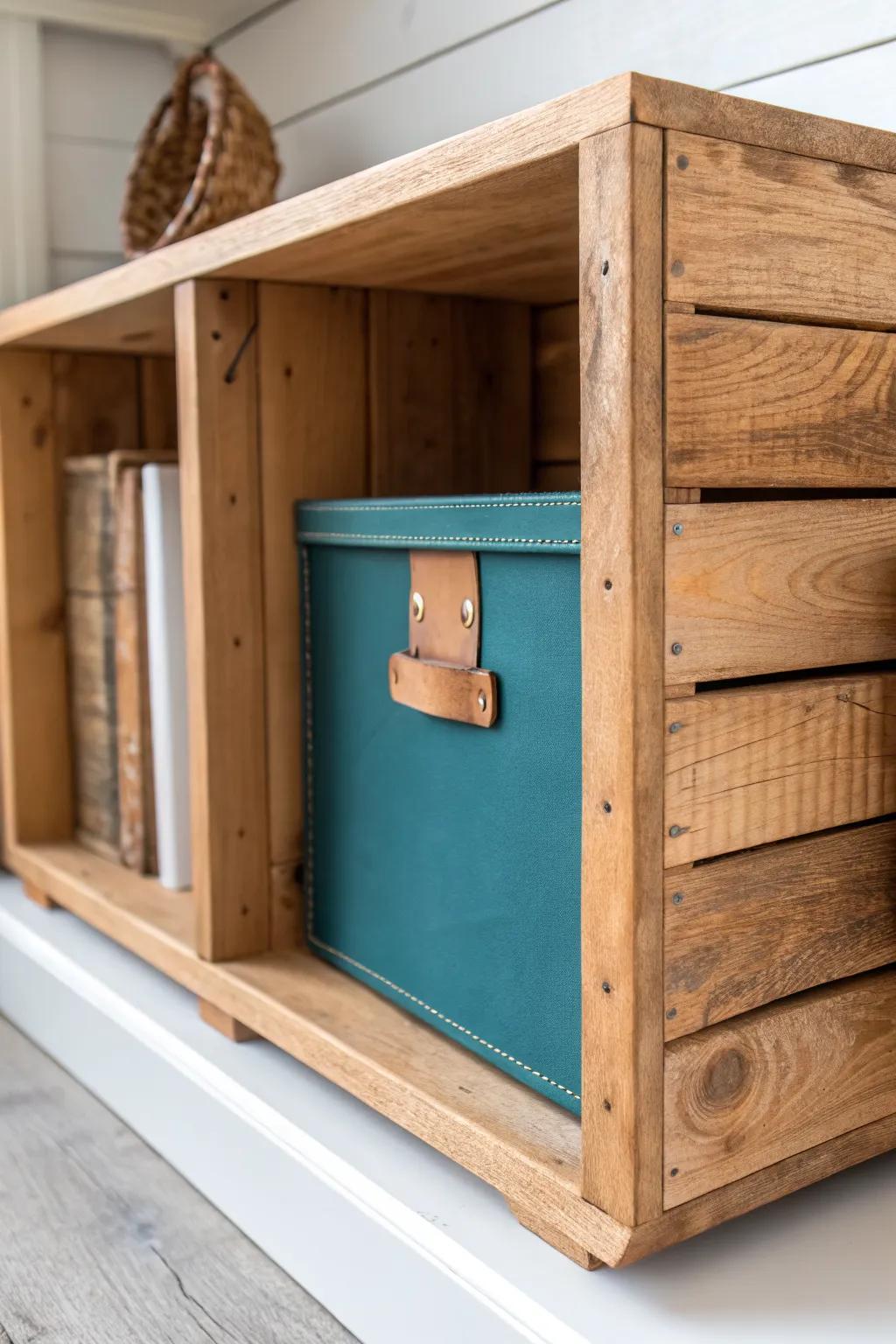 Oversized cubby? Add a rustic wood crate insert for instant structure and warm texture.