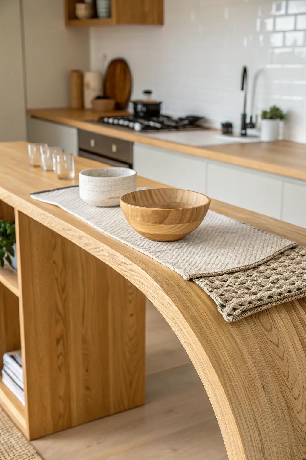 A curved wood bridge connects double islands—serve here, prep there, beautifully seamless.
