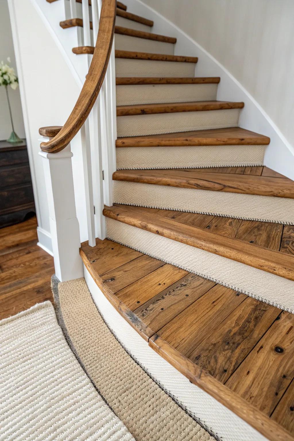 Reclaimed wood treads add warm character to a curved staircase—knots and saw marks shine.