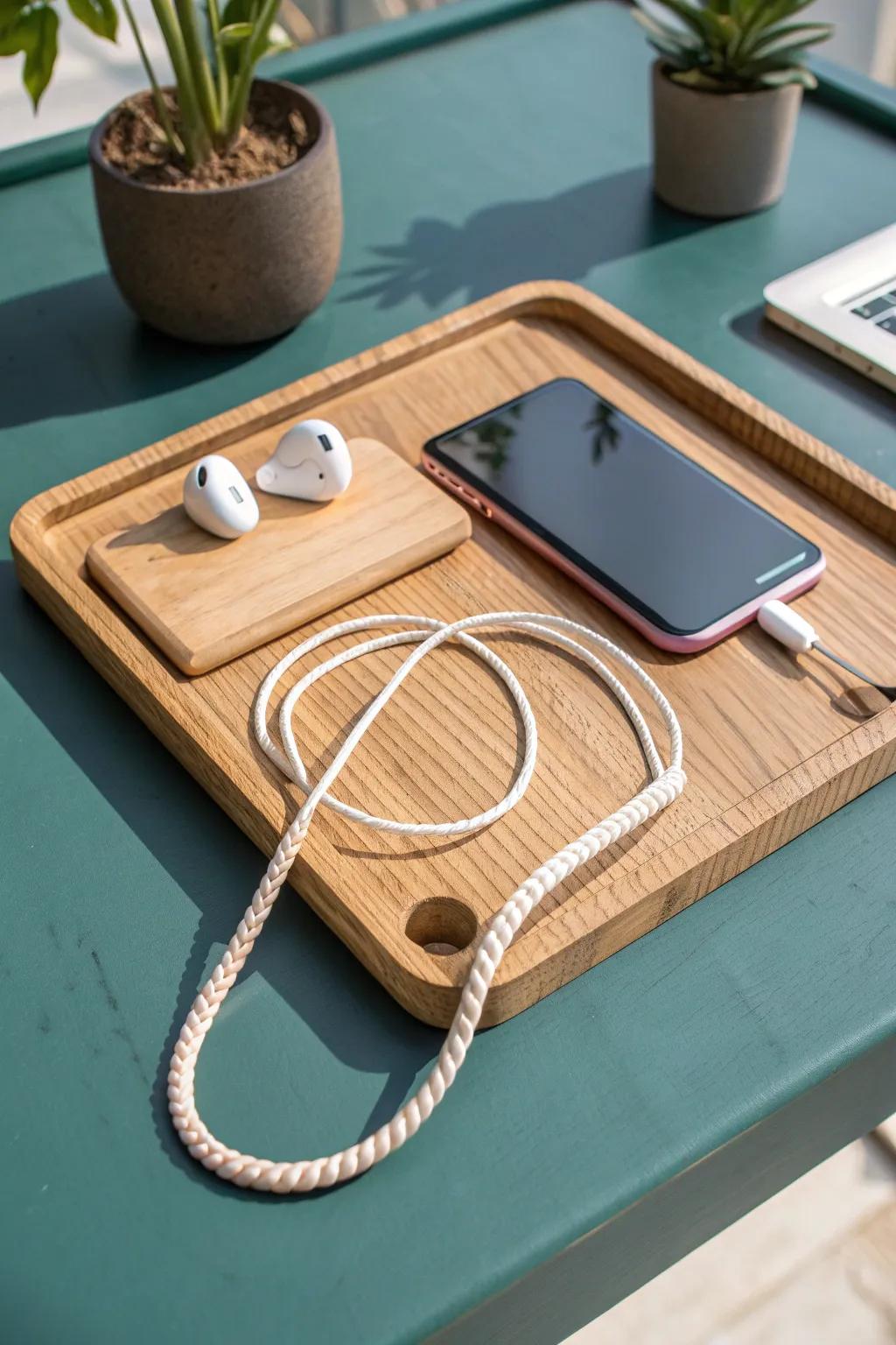 Light-wood valet charging station: tidy cords, cute setup, and no more “where’s my charger?”