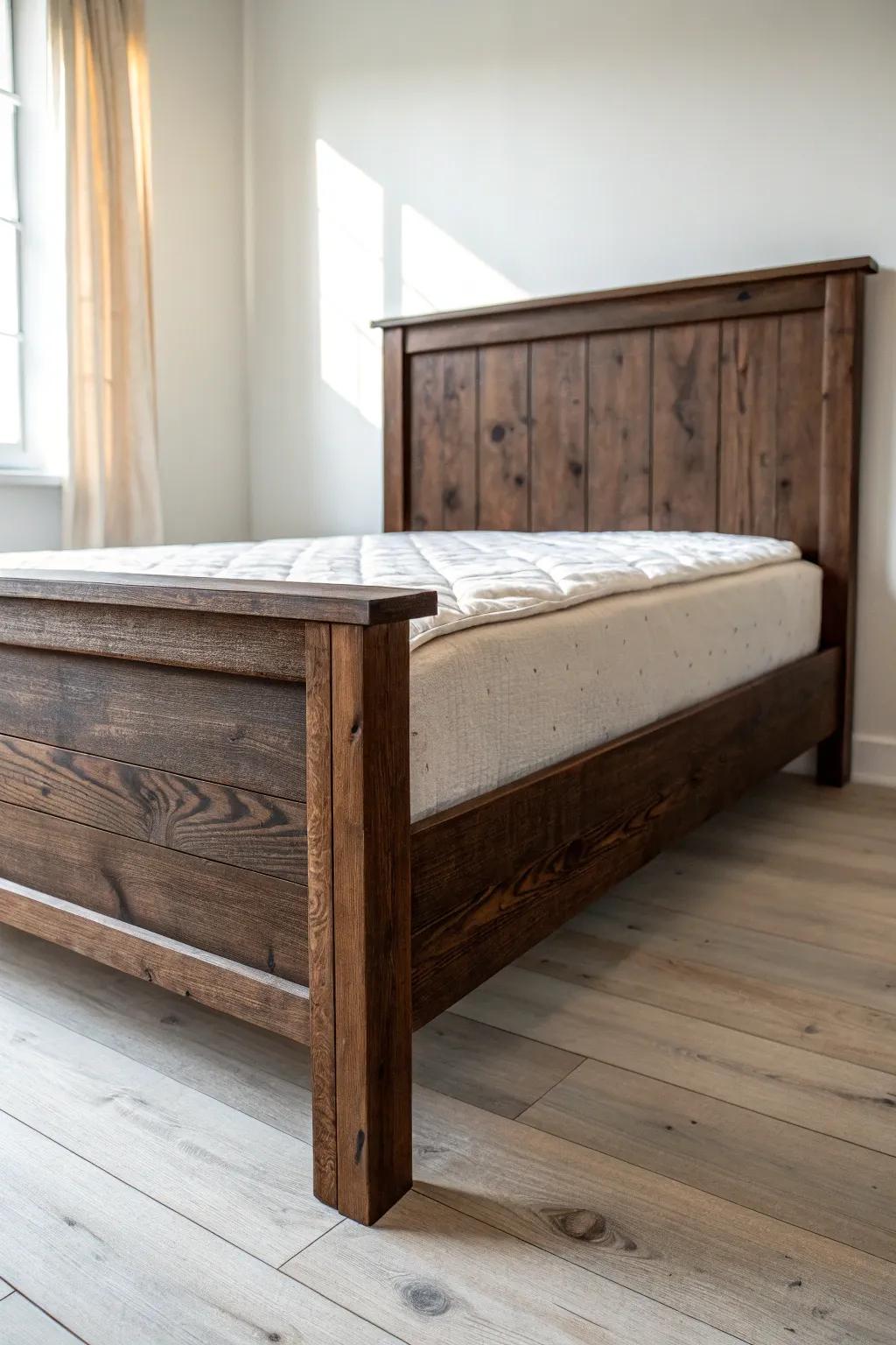Dark reclaimed wood bed frame with bold grain, knots, and saw marks for cozy rustic warmth.