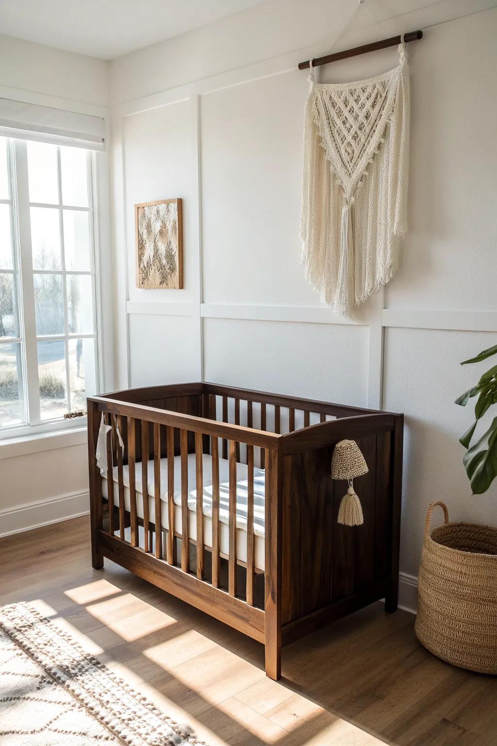 Dark walnut crib meets soft macramé texture—minimal, warm, and beautifully calming.