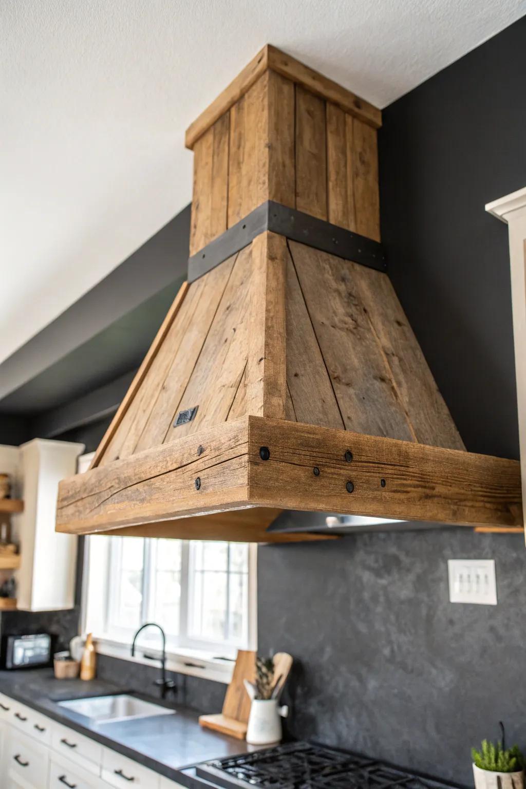 Chunky reclaimed wood hood surround adds warm rustic contrast to sleek dark kitchens.