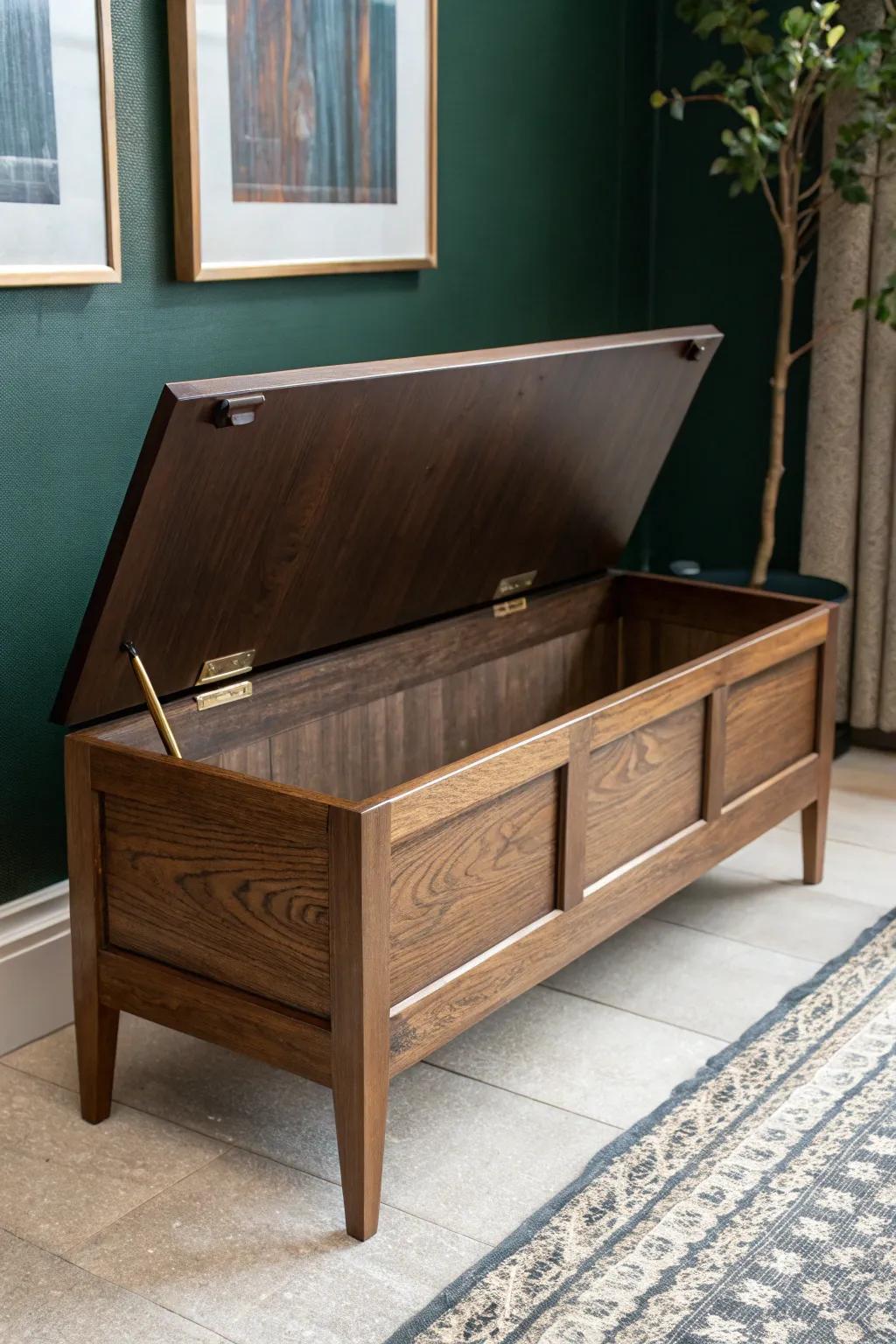 Dark walnut lift-top bench: hidden storage for blankets and games with a sleek, bespoke look.