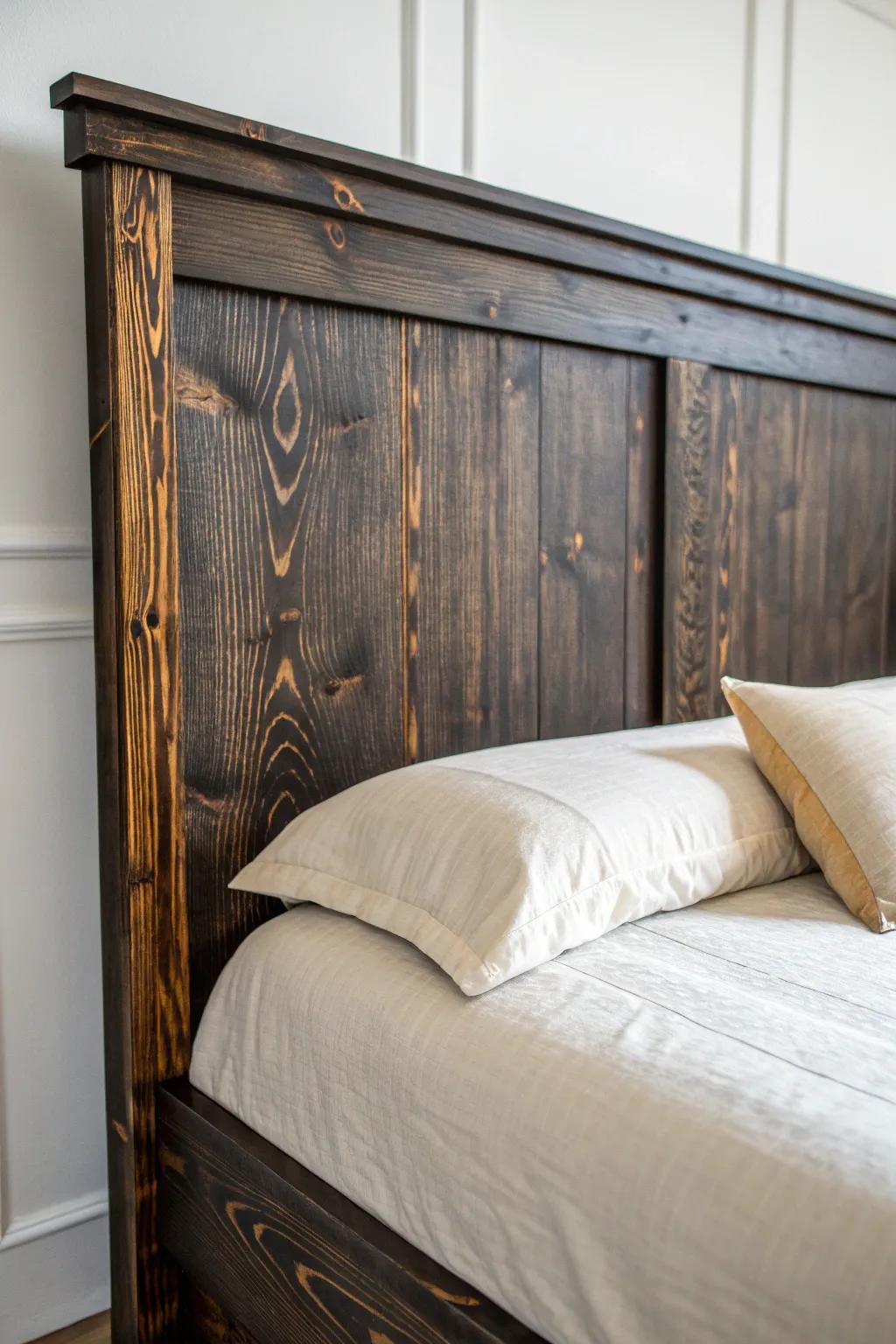 Charred dark-wood headboard with crisp linen layers—minimal, bold, and beautifully handmade.