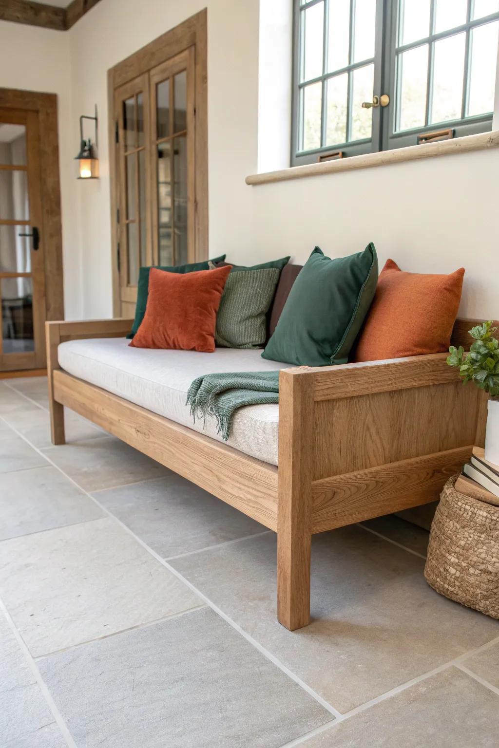 Turn a wide landing into a cozy pause point with a sculptural oak daybed and bold linens.