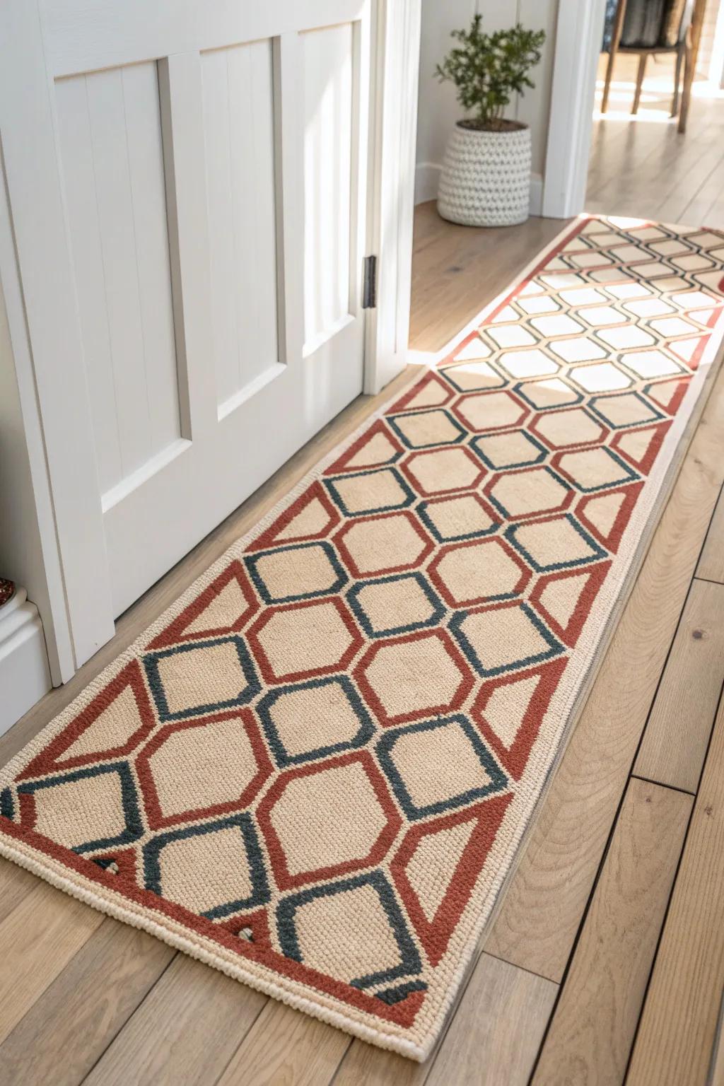 A high-contrast patterned runner instantly adds personality to a narrow hallway floor.