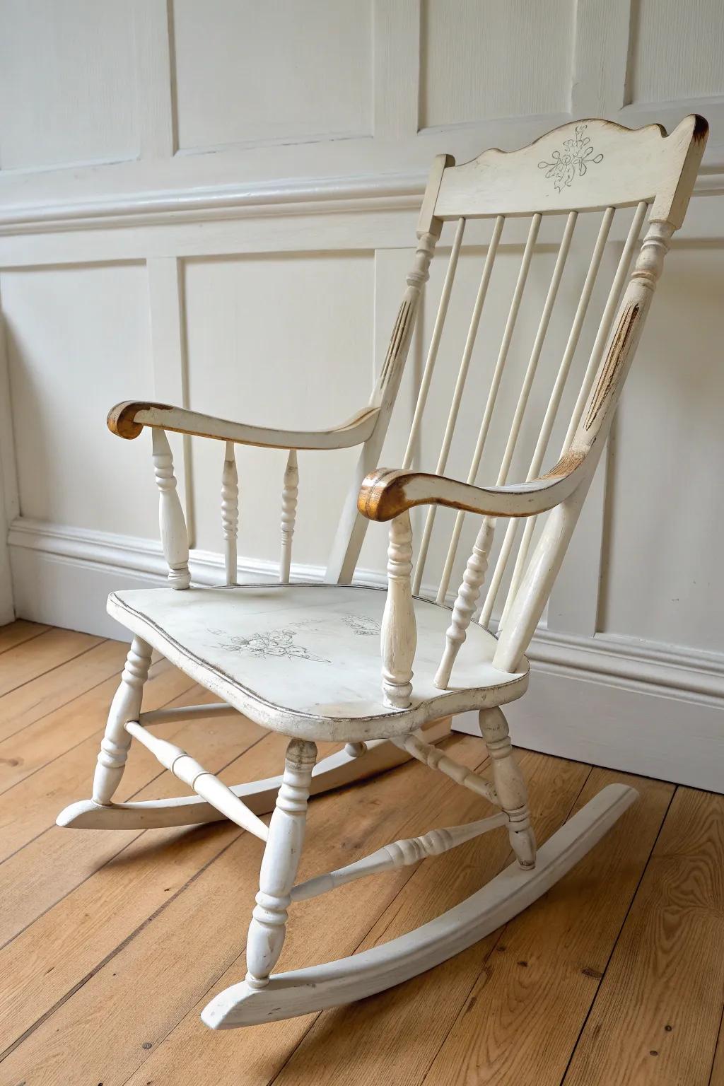 A hint of tinted glaze in the spindles makes a painted rocking chair look beautifully antique.
