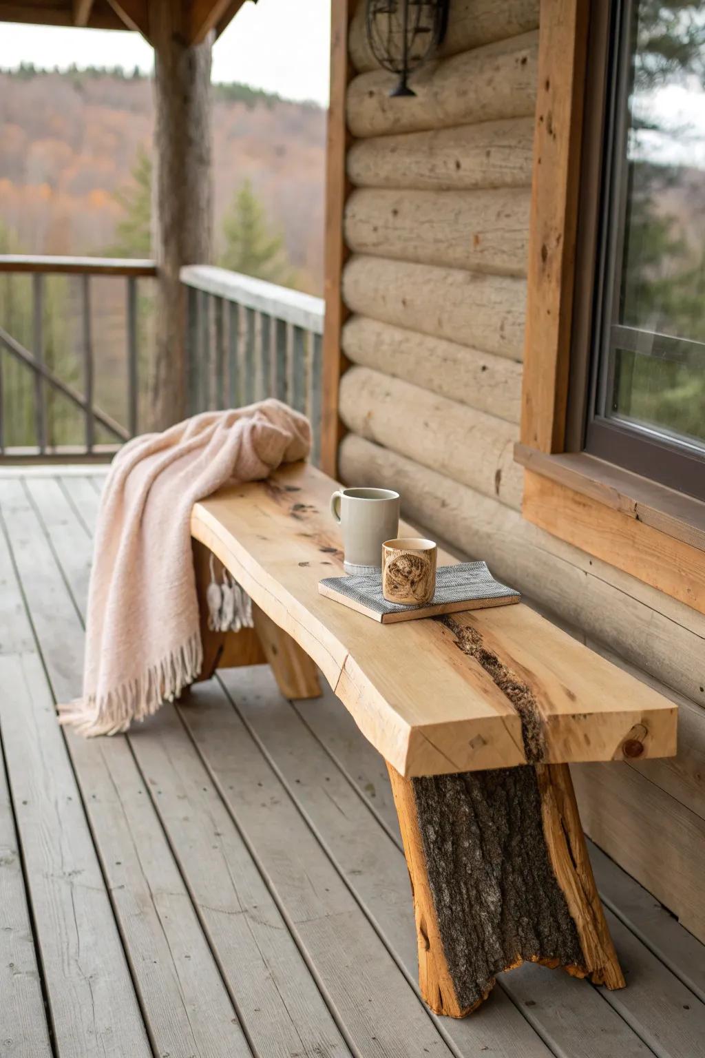 A reclaimed live-edge porch bench—minimal, bold accents, and perfect for mountain mornings.