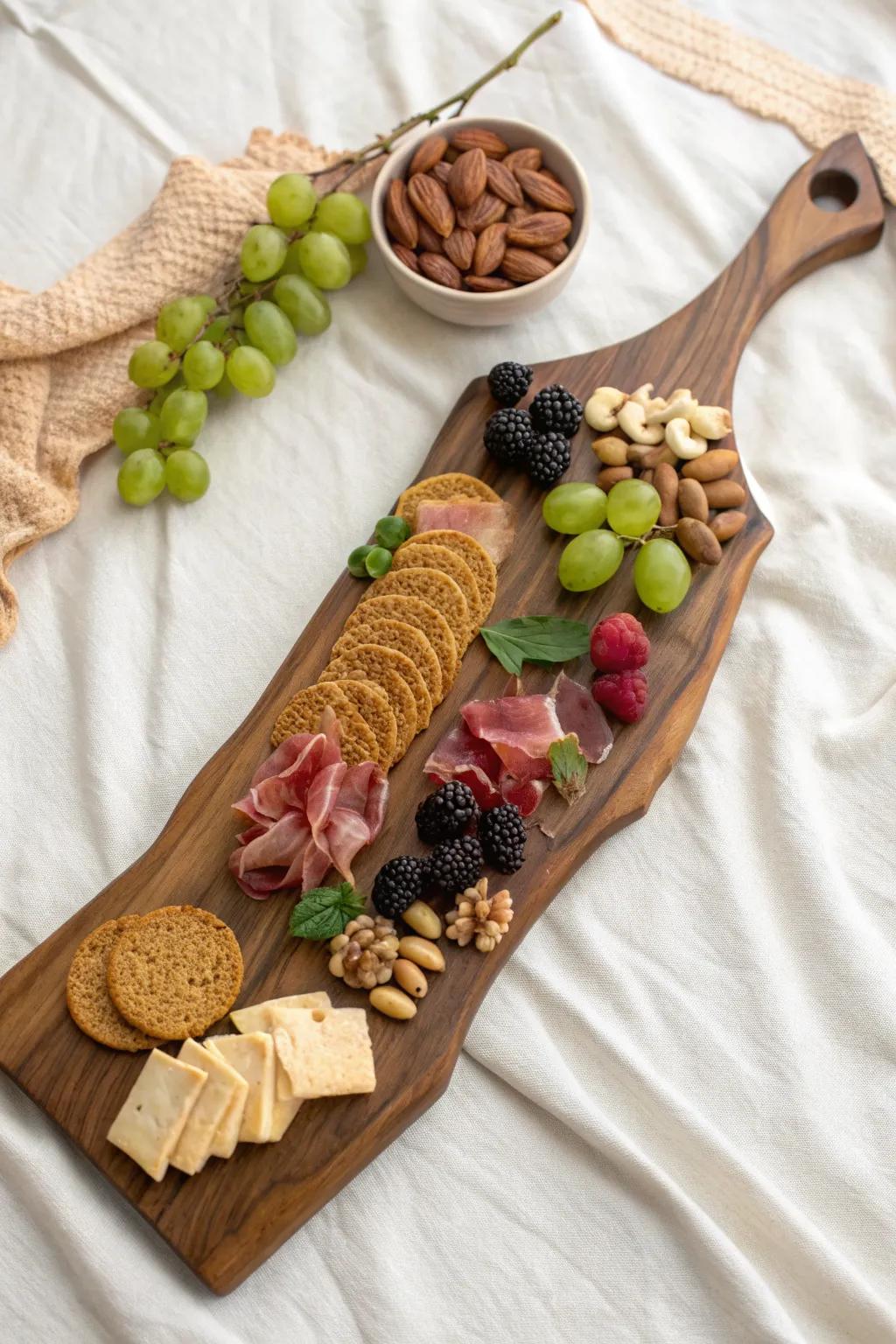 A topographic-line charcuterie board—curving contours of meat, crackers, fruit, and nuts.
